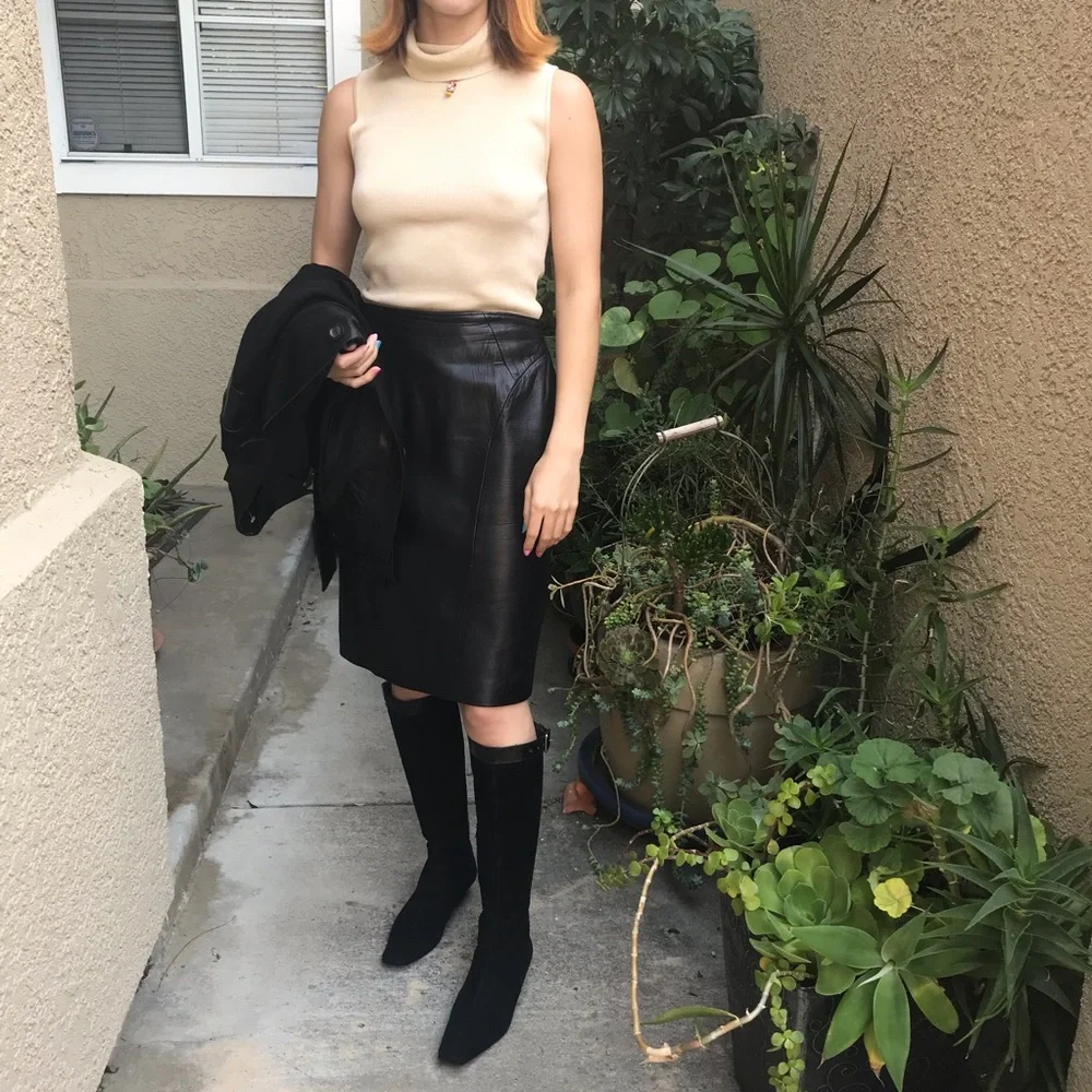 Vintage Positano black genuine leather midi skirt